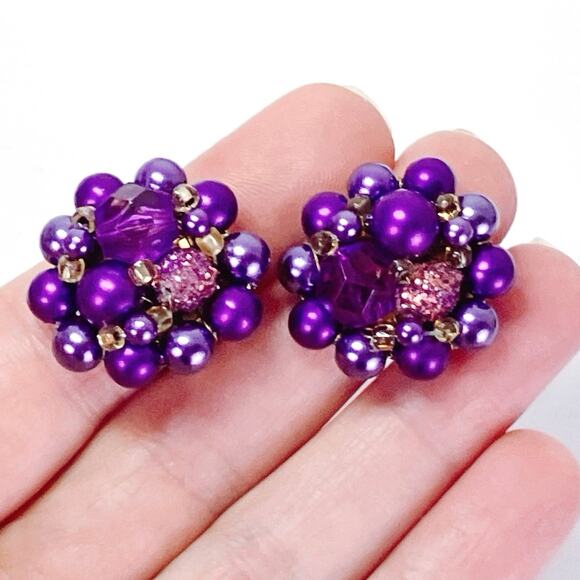 VTG Japan Mid Century Cocktail Earrings Purple Faux Pearl Bead Cluster Clip On - Picture 2 of 11